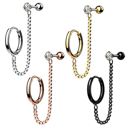 Ohrring Clicker Helix Cartilage Ohrpiercing mit Kette Kristall Stecker