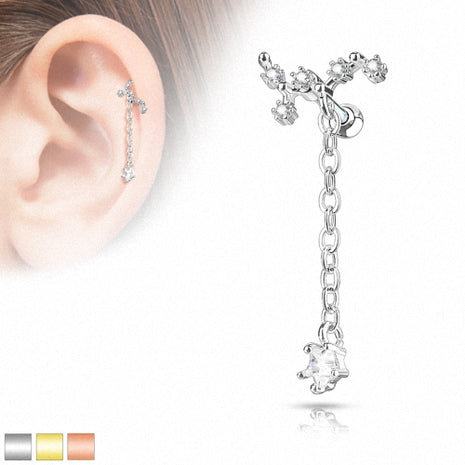 Cartilage Stud Earrings Tragus Piercing Pendant Chain Crystals 