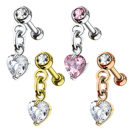 Tragus Stud Cartilage Piercing Chain with Heart Crystal 