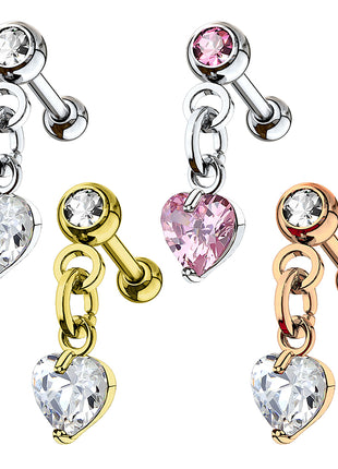 Tragus Stud Cartilage Piercing Chain with Heart Crystal 