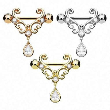 Brustpiercing Schild Tribal mit Tropfen Kristall