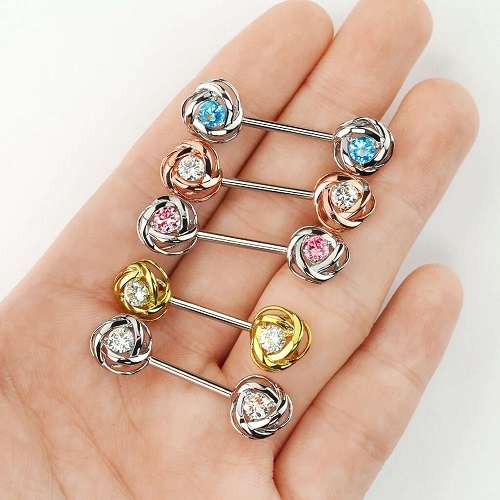 Nippelpiercing Barbell Brustwarzenpiercing mit Rosenblüten und Kristall