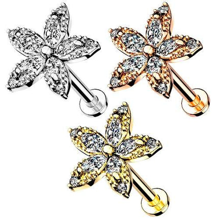 Labret Ohr Tragus Helix Piercing Stecker flach Kristall Blume Innengewinde