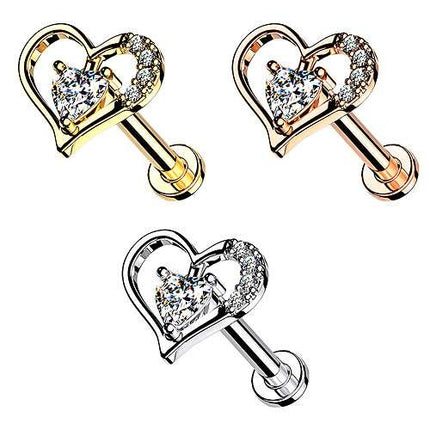 Labret Ohr Tragus Helix Piercing Stecker flach Kristall Herz Innengewinde