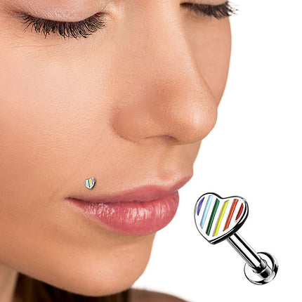 Labret Regenbogen Herz Flach Innengewinde Monroe Tragus Ohr Piercing