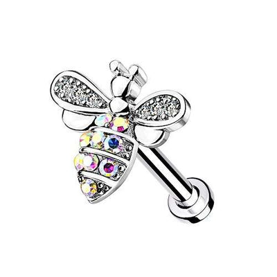 Silberfarbener Piercingstecker mit Bienenmotiv und Kristallen