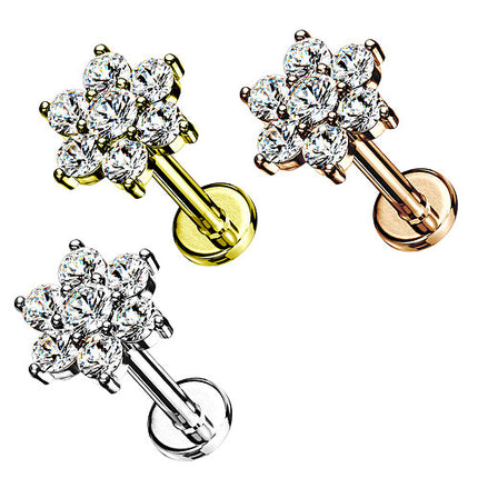 Tragus Helix Labret Ohr Stecker Piercing flach Zirkonia Blume Innengewinde
