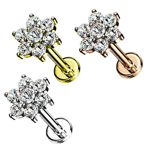 Tragus Helix Labret Ohr Stecker Piercing flach Zirkonia Blume Innengewinde