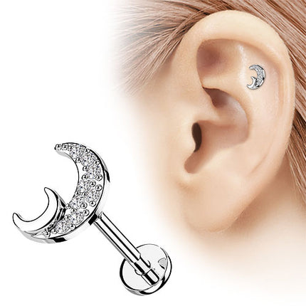 Labret Helix Piercing Ohrstecker flache Rückseite Zirkonia Halbmond Innengewinde