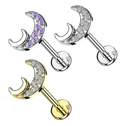 Labret Helix Piercing Ohrstecker flache Rückseite Zirkonia Halbmond Innengewinde