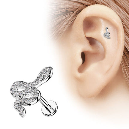 Helix Tragus Knorpel Piercing Ohrstecker flach Zirkonia Schlange Innengewinde