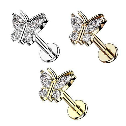 Labret Helix Tragus Ohrstecker Piercing flach Zirkonia Schmetterling Innengewinde