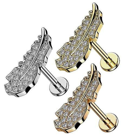 Helix Tragus Knorpel Piercing Ohrstecker flach Innengewinde Zirkonia Blatt Feder