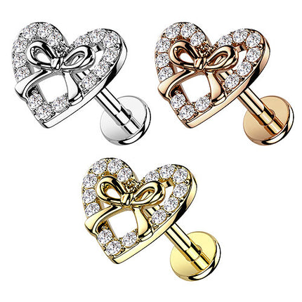 Helix Tragus Conch Piercing Ohrstecker flach Kristall Herz Schleife Innengewinde