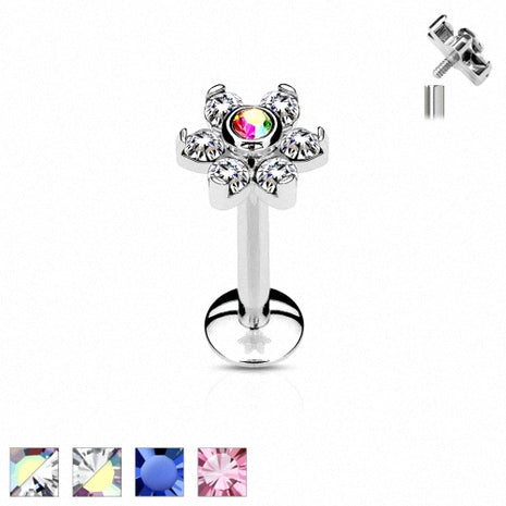 Lippenpiercing Labret Madonna Ohr Stecker Blüte Kristalle Silbern