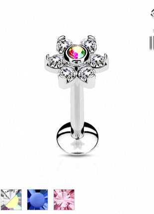 Lippenpiercing Labret Madonna Ohr Stecker Blüte Kristalle Silbern