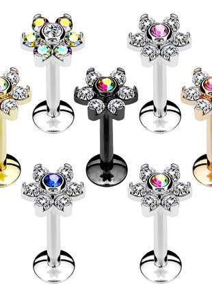 Lip Piercing Labret Madonna Ear Stud Flower Crystals Silver 