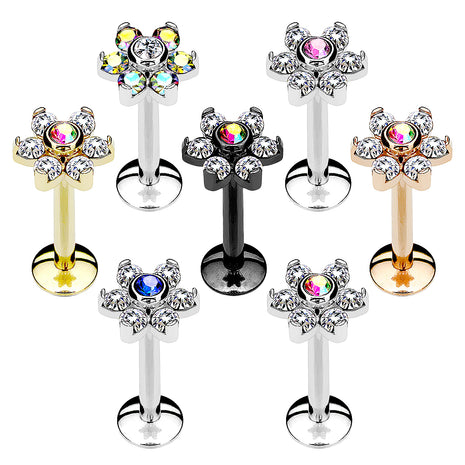 Lip Piercing Labret Madonna Ear Stud Flower Crystals Silver 