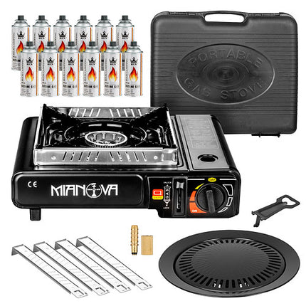 Campingkocher Gaskocher 2 in 1 LPG Anschluss + Gaskartuschen + Grillplatte + Koffer