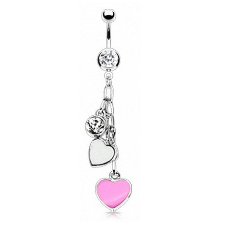 Bauchnabelpiercing 2 Herzen in Silber / Pink mit Kristallen