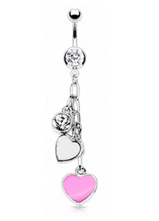 Belly button piercing 2 hearts in silver / pink with crystals 