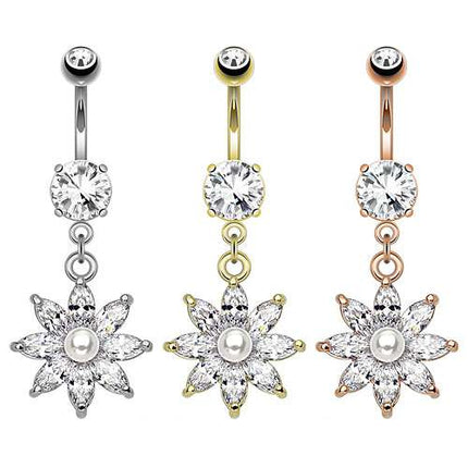 Bauchnabelpiercing Schmuck Blumen Blüte Kristall Anhänger mit Perle