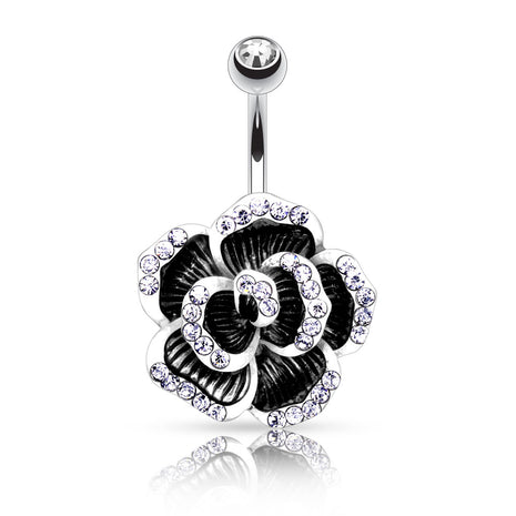 Sexy belly button piercing rose blossom black with crystals 