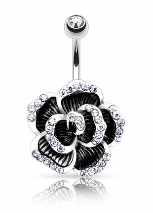 Sexy Bauchnabelpiercing Rosenblüte schwarz mit Kristallen