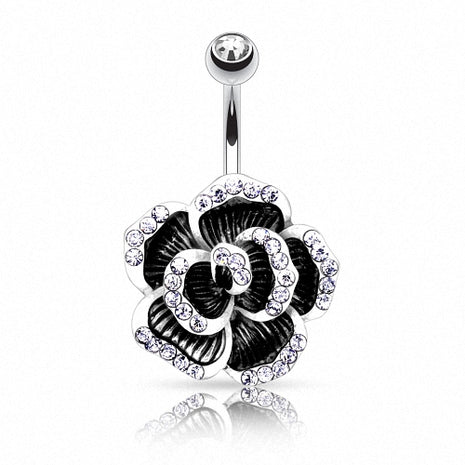 Sexy Bauchnabelpiercing Rosenblüte schwarz mit Kristallen