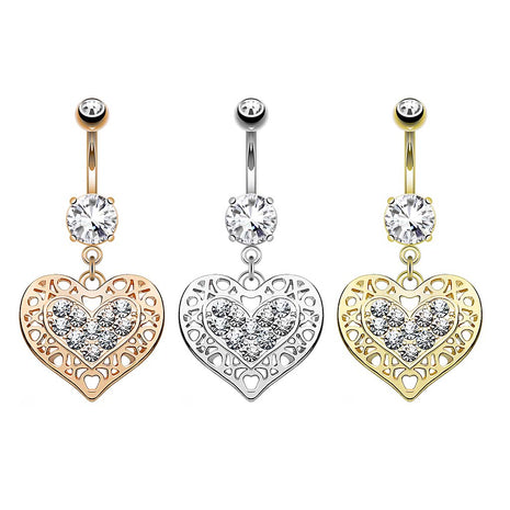 Belly button piercing plug with filigree crystal heart pendant 