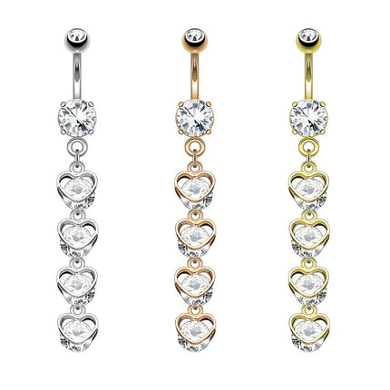 Bauchnabelpiercing mit 4 Herzen in einem Kristall Ketten Anhänger