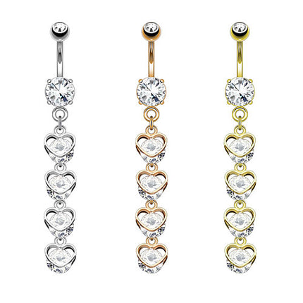 Bauchnabelpiercing mit 4 Herzen in einem Kristall Ketten Anhänger
