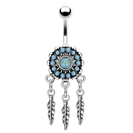 Belly Button Piercing Banana Plug Dream Catcher Turquoise Blue 