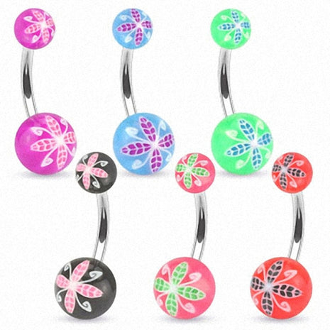 Belly Button Piercing Double UV Ball Summer Flowers 