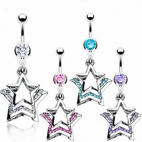 Belly Button Piercing Plug Multi Crystal Triple Star 