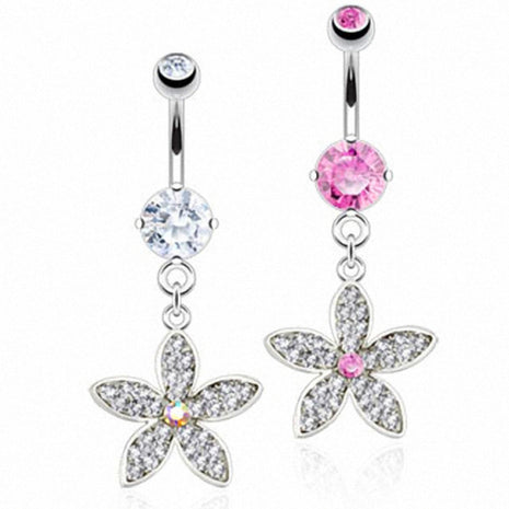 Belly button piercing jewelry plug with crystals set flower pendant 