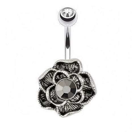 Belly Button Piercing Vintage Rose Flower Hematite Crystal Anthracite 