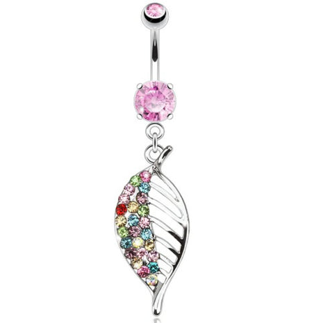 Belly button piercing plug with crystal leaf pendant 