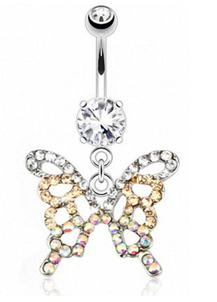 Belly Button Piercing Jewelry Plug Rainbow Crystals Set Butterfly 