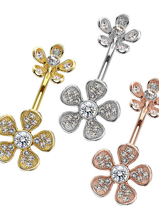 Filigree belly button piercing banana plug micro crystal flower 