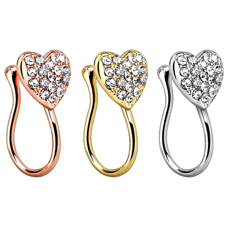 Nose Piercing Fake Non Piercing Clip On Heart with Crystals 