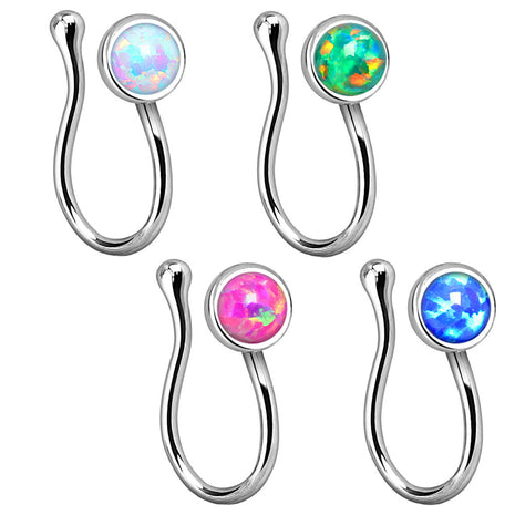 Nose Piercing Clip On Nose Clip Silver with Opal Stone 