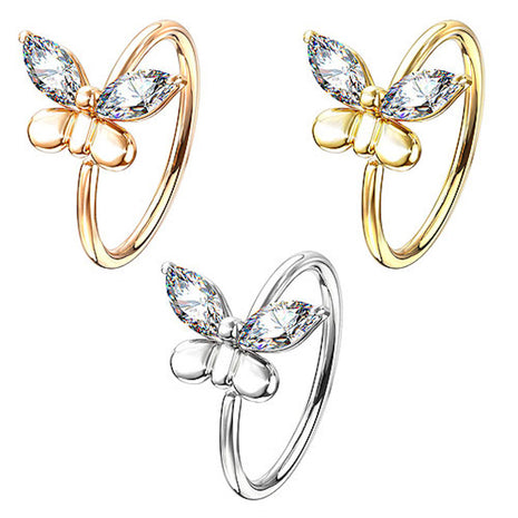 Nose Piercing Ring Butterfly with Crystals Universal Ear Piercing 