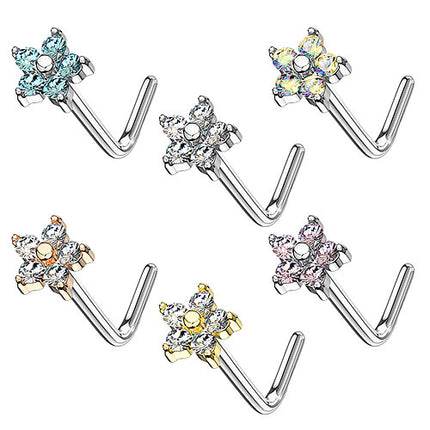 Nasenpiercing Stecker gebogen Nasenstecker Blume mit eingefassten CZ Kristallen