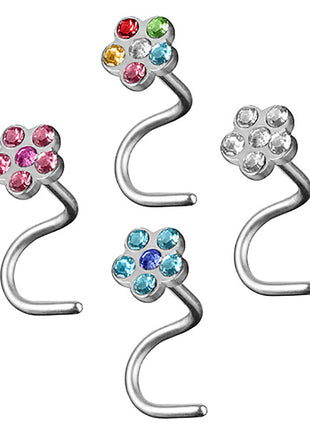 Set of 4 nose piercing nose stud curved with crystal flower 