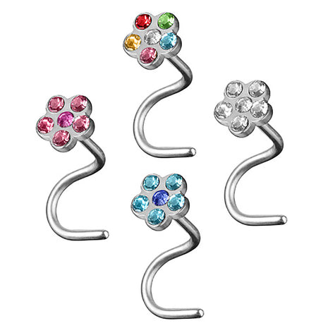 Set of 4 nose piercing nose stud curved with crystal flower 