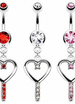 Belly button piercing plug with heart key crystal pendant 