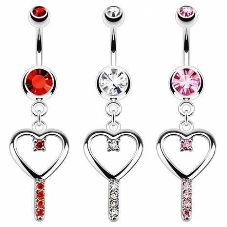 Belly button piercing plug with heart key crystal pendant 