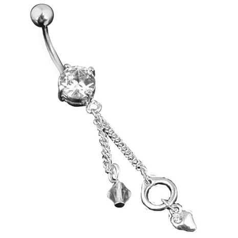 belly button piercing with crystal and chain pendant 