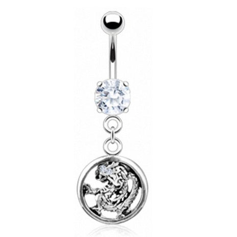 Belly button piercing plug with clear crystal dragon pendant 